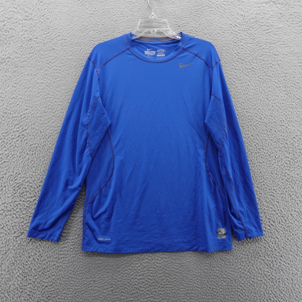 Nike Pro Combat Mens Long Sleeve Dri Fit T Shirt Large Blue Crew Neck Athletic